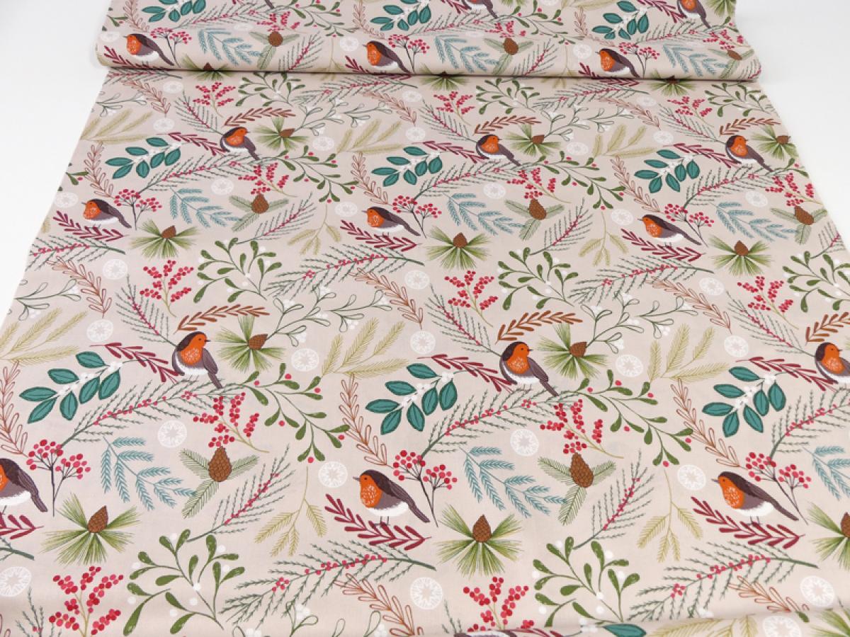 Patchworkstoff New Forest floral Rotkehlchen beige Gesamtansicht